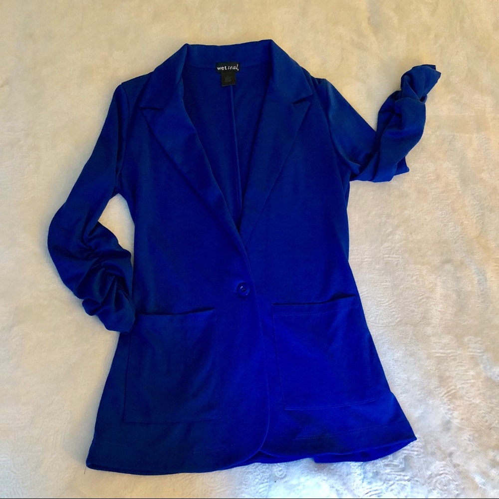 3/4 Ruched Sleeve Stretchy Royal Blue Blazer